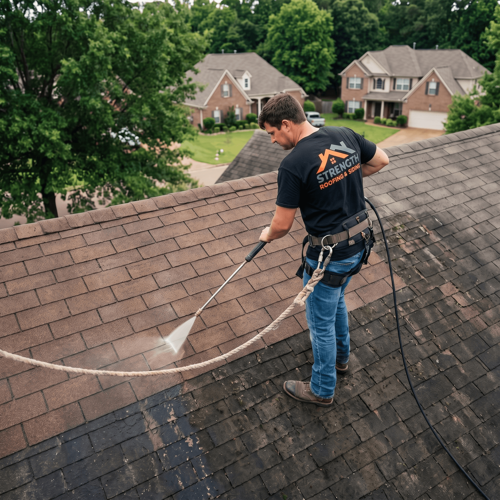 Strength Roofing technician soft-washing a residential shingle roof in Mississippi