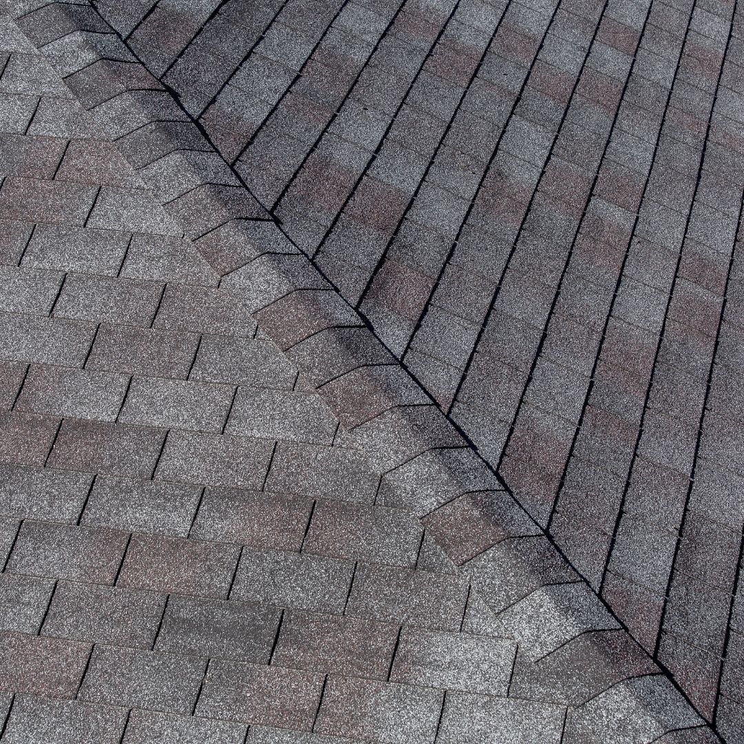 close look at the shingles on a roof