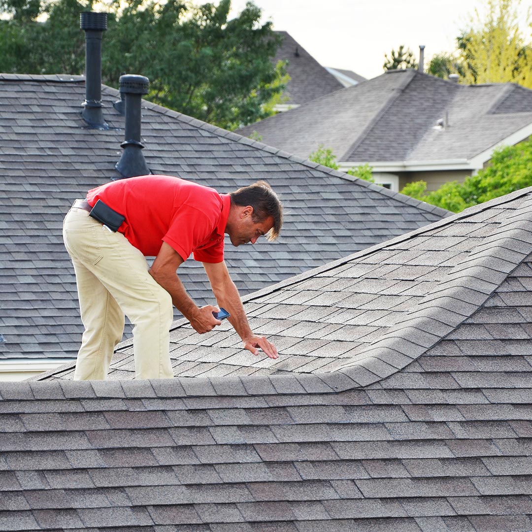 Man inspecting a gray shingle roof