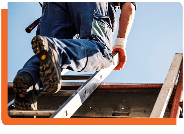 person climbing ladder on to roof